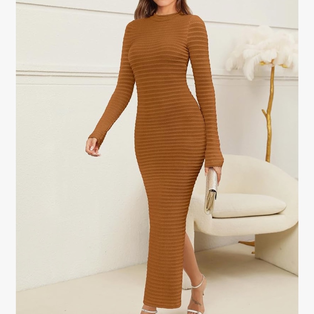 Elegant autumn fall textured knit dress Long Sleeve Ribbed Dress